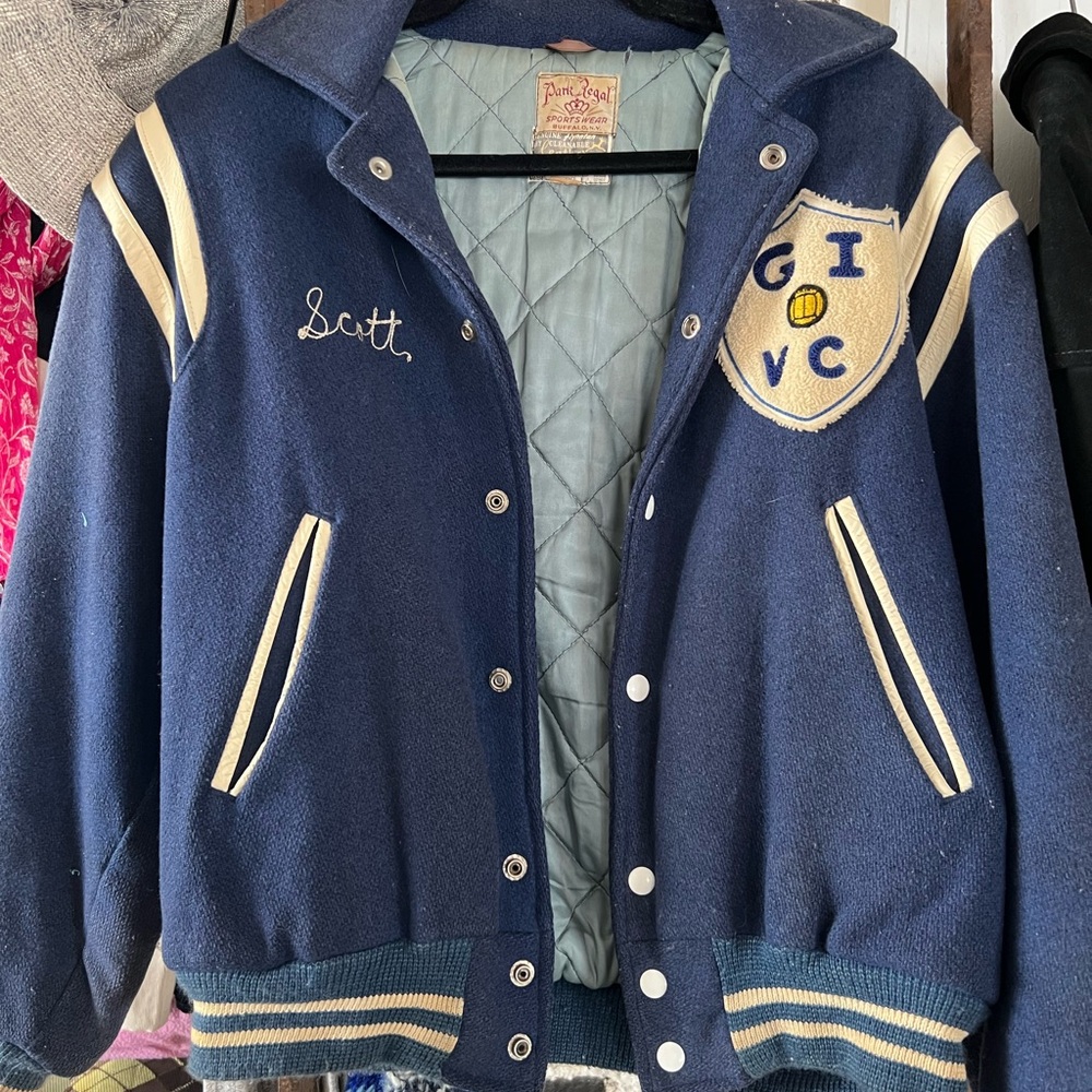 Vintage Blue Varsity Jacket with Embroidered Crest
